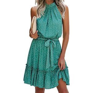 Polka Dot Dress Summer Sleeveless Halter Neck Ruffle Boho Medium green white